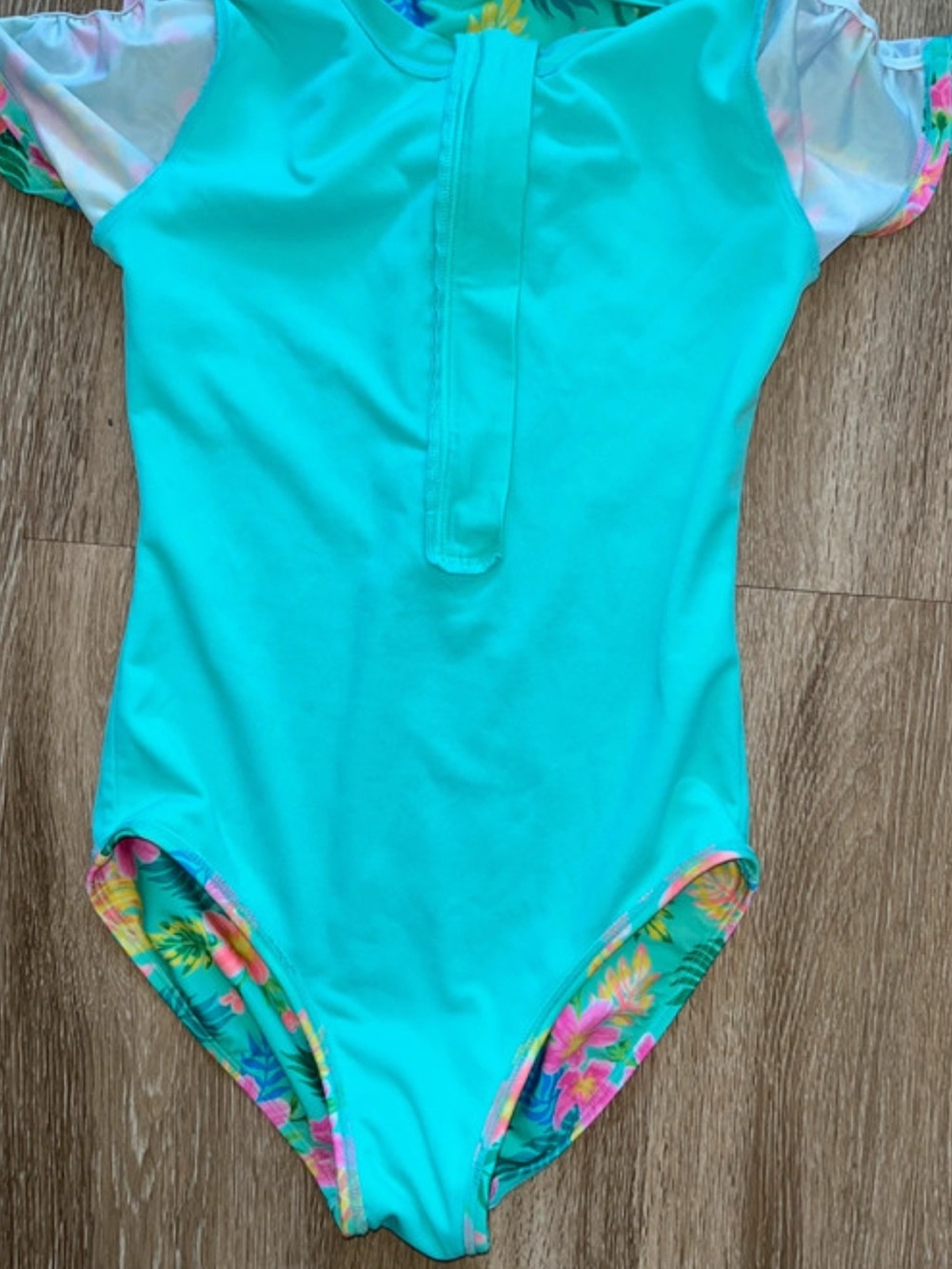 Cat & Jack Turquoise Floral Zip Front One-Piece Swimsuit - Picture 4 of 4